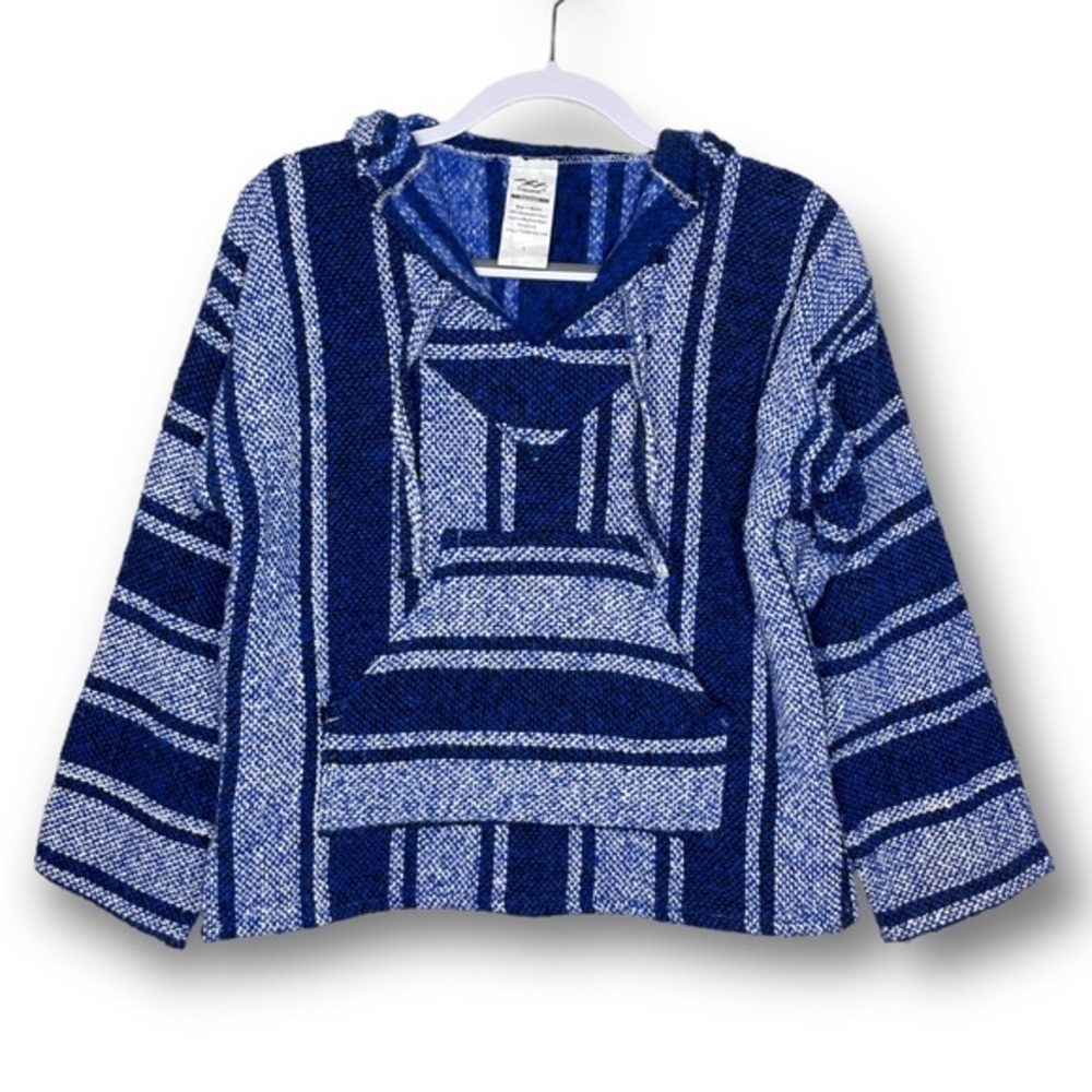 Cozumel Size S Unisex Blue Striped Handmade Mexican Woven Pullover Baja Hoodie
